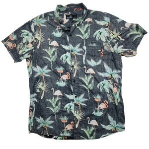 Molokai Surf Co Mens Large Flamingo Palm Tree Tropical Button Down Shirt Grey